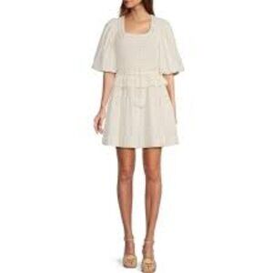 NWT A Loves Puff Sleeve Crochet Mixed Media Baby Doll Dress in Ivory Size XS